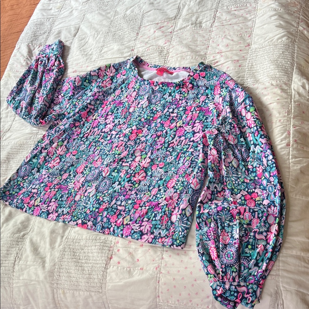 Lilly Pulitzer Floral Puff Sleeve Sweatshirt — Pink, Teal & Navy